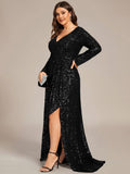 A-Line Sequined V-Neck Long Sleeves Evening Dress with Slit