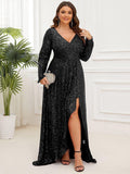 Plus Size A-Line Sequined V-Neck Long Sleeve Evening Dress with Slit
