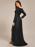 A-Line Sequined V-Neck Long Sleeves Evening Dress with Slit