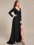 A-Line Sequined V-Neck Long Sleeves Evening Dress with Slit