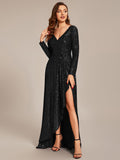 A-Line Sequined V-Neck Long Sleeves Evening Dress with Slit