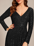 A-Line Sequined V-Neck Long Sleeves Evening Dress with Slit