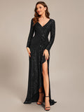 A-Line Sequined V-Neck Long Sleeves Evening Dress with Slit