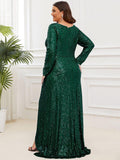 Plus Size A-Line Sequined V-Neck Long Sleeve Evening Dress with Slit