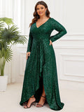 A-Line Sequined V-Neck Long Sleeves Evening Dress with Slit