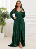 A-Line Sequined V-Neck Long Sleeves Evening Dress with Slit
