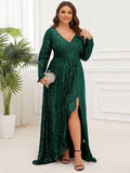 Plus Size A-Line Sequined V-Neck Long Sleeve Evening Dress with Slit
