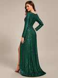 A-Line Sequined V-Neck Long Sleeves Evening Dress with Slit