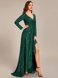 A-Line Sequined V-Neck Long Sleeves Evening Dress with Slit