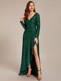 A-Line Sequined V-Neck Long Sleeves Evening Dress with Slit