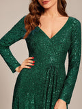 A-Line Sequined V-Neck Long Sleeves Evening Dress with Slit