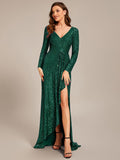 A-Line Sequined V-Neck Long Sleeves Evening Dress with Slit