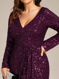 A-Line Sequined V-Neck Long Sleeves Evening Dress with Slit