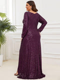 Plus Size A-Line Sequined V-Neck Long Sleeve Evening Dress with Slit