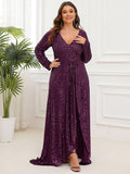 Plus Size A-Line Sequined V-Neck Long Sleeve Evening Dress with Slit