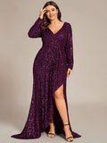 A-Line Sequined V-Neck Long Sleeves Evening Dress with Slit