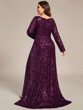 A-Line Sequined V-Neck Long Sleeves Evening Dress with Slit