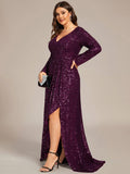 A-Line Sequined V-Neck Long Sleeves Evening Dress with Slit