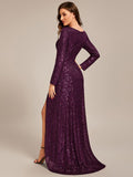 A-Line Sequined V-Neck Long Sleeves Evening Dress with Slit