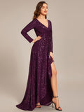 A-Line Sequined V-Neck Long Sleeves Evening Dress with Slit