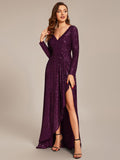 A-Line Sequined V-Neck Long Sleeves Evening Dress with Slit