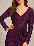 A-Line Sequined V-Neck Long Sleeves Evening Dress with Slit