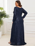 Plus Size A-Line Sequined V-Neck Long Sleeve Evening Dress with Slit