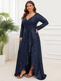 Plus Size A-Line Sequined V-Neck Long Sleeve Evening Dress with Slit