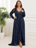 Plus Size A-Line Sequined V-Neck Long Sleeve Evening Dress with Slit