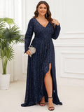 Plus Size A-Line Sequined V-Neck Long Sleeve Evening Dress with Slit