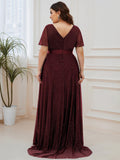 A-Line Glitter V-Neck Short Sleeve Pleated Wedding Guest Dress