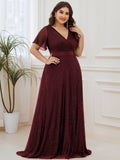 A-Line Plus Size Empire-Waist V-Neck Formal Evening Dress With Short Sleeves