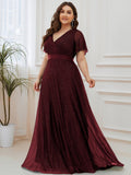 A-Line Plus Size Empire-Waist V-Neck Formal Evening Dress With Short Sleeves
