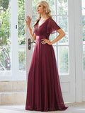 Glitter Short Sleeve A-Line V-Neck Empire-Waist Pleated Bridesmaid Dress