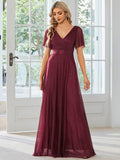 A-Line Glitter V-Neck Short Sleeve Pleated Wedding Guest Dress
