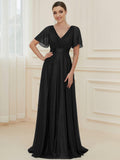 A-Line Glitter V-Neck Short Sleeve Pleated Wedding Guest Dress