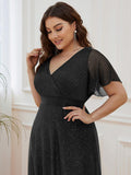 A-Line Plus Size Empire-Waist V-Neck Formal Evening Dress With Short Sleeves