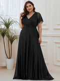 Glitter Short Sleeve A-Line V-Neck Empire-Waist Pleated Bridesmaid Dress
