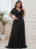 A-Line Plus Size Empire-Waist V-Neck Formal Evening Dress With Short Sleeves