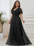 A-Line Plus Size Empire-Waist V-Neck Formal Evening Dress With Short Sleeves