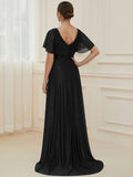 A-Line Glitter V-Neck Short Sleeve Pleated Wedding Guest Dress