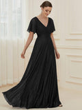 A-Line Glitter V-Neck Short Sleeve Pleated Wedding Guest Dress