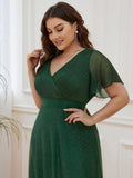A-Line Plus Size Empire-Waist V-Neck Formal Evening Dress With Short Sleeves