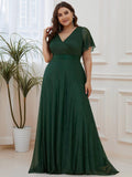 A-Line Plus Size Empire-Waist V-Neck Formal Evening Dress With Short Sleeves