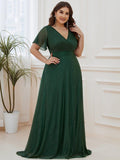 A-Line Plus Size Empire-Waist V-Neck Formal Evening Dress With Short Sleeves