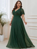 A-Line Plus Size Empire-Waist V-Neck Formal Evening Dress With Short Sleeves