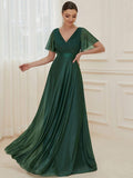 Glitter Short Sleeve A-Line V-Neck Empire-Waist Pleated Bridesmaid Dress