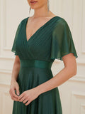 Glitter Short Sleeve A-Line V-Neck Empire-Waist Pleated Bridesmaid Dress