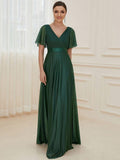 A-Line Glitter V-Neck Short Sleeve Pleated Wedding Guest Dress