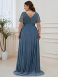 A-Line Plus Size Empire-Waist V-Neck Formal Evening Dress With Short Sleeves